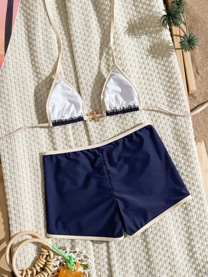 Swim SXY Summer Spring New Multi-Color Goose Yellow Textured Fabric Ocean Starfish Accessory Trim Straight Leg Pants Halter Neck Tie Women's 2-Piece Beach Vacation Swimsuit Set