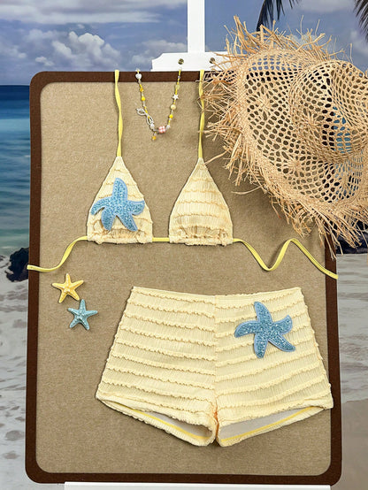 Swim SXY Summer Spring New Multi-Color Goose Yellow Textured Fabric Ocean Starfish Accessory Trim Straight Leg Pants Halter Neck Tie Women's 2-Piece Beach Vacation Swimsuit Set
