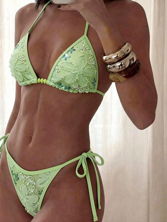 Swim Vcay 2-Piece Swimwear, Spring/Summer Beach Vacation Floral Sequin Textured Mint Green Beaded Halter Triangle Top And Side Tie Bottoms Sexy Bikini Set