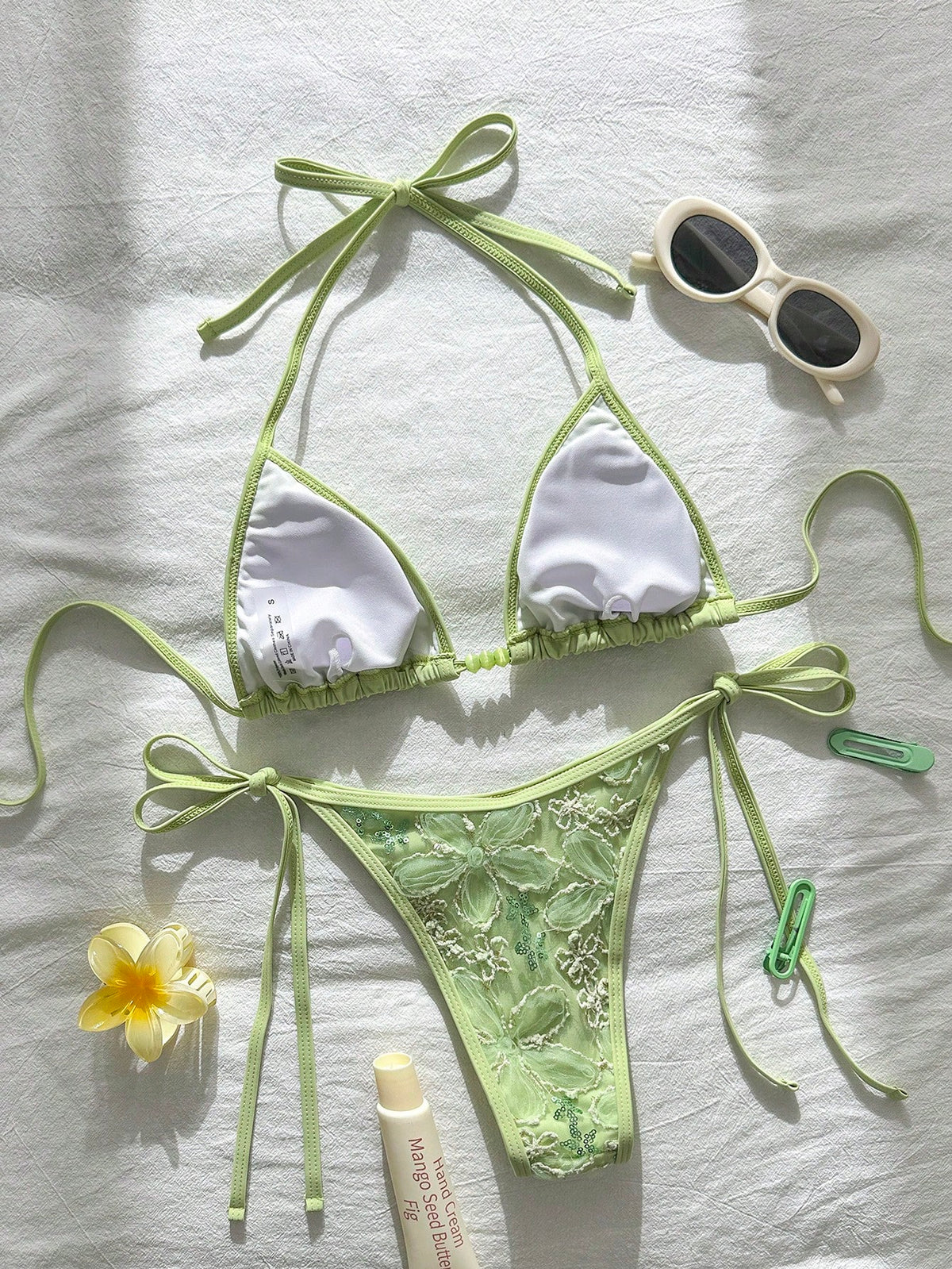Swim Vcay 2-Piece Swimwear, Spring/Summer Beach Vacation Floral Sequin Textured Mint Green Beaded Halter Triangle Top And Side Tie Bottoms Sexy Bikini Set