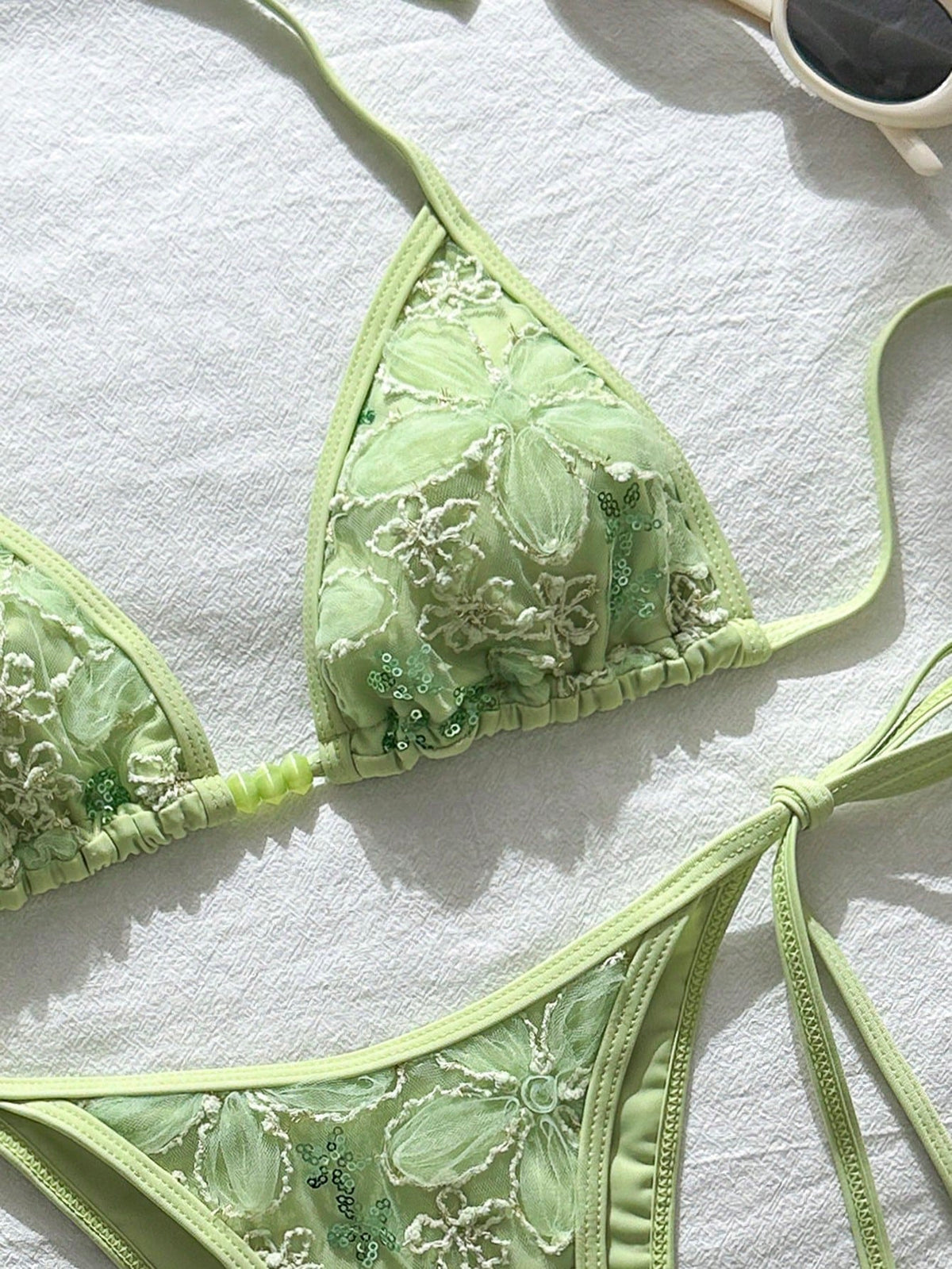 Swim Vcay 2-Piece Swimwear, Spring/Summer Beach Vacation Floral Sequin Textured Mint Green Beaded Halter Triangle Top And Side Tie Bottoms Sexy Bikini Set