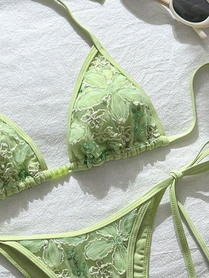 Swim Vcay 2-Piece Swimwear, Spring/Summer Beach Vacation Floral Sequin Textured Mint Green Beaded Halter Triangle Top And Side Tie Bottoms Sexy Bikini Set