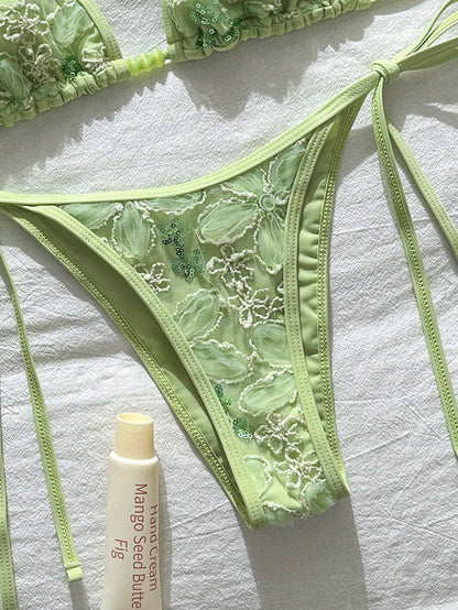 Swim Vcay 2-Piece Swimwear, Spring/Summer Beach Vacation Floral Sequin Textured Mint Green Beaded Halter Triangle Top And Side Tie Bottoms Sexy Bikini Set