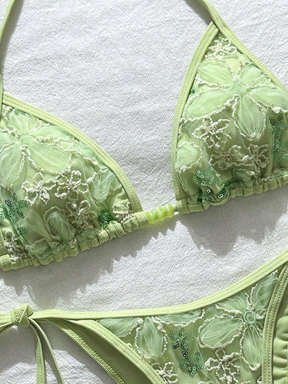 Swim Vcay 2-Piece Swimwear, Spring/Summer Beach Vacation Floral Sequin Textured Mint Green Beaded Halter Triangle Top And Side Tie Bottoms Sexy Bikini Set