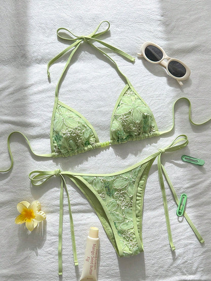 Swim Vcay 2-Piece Swimwear, Spring/Summer Beach Vacation Floral Sequin Textured Mint Green Beaded Halter Triangle Top And Side Tie Bottoms Sexy Bikini Set