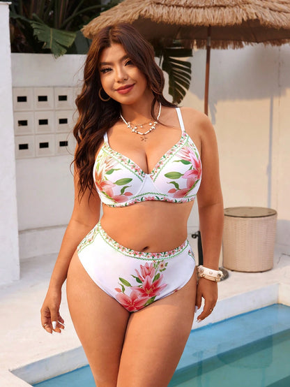 Swim Vcay 2026 New Plus Size Women 2pcs/Set Random Printed Padded Casual Swimwear Set, Summer