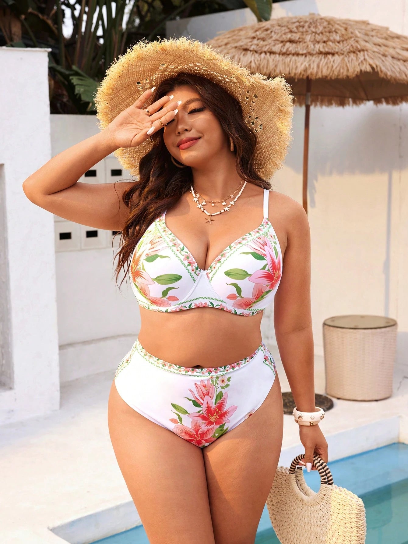 Swim Vcay 2026 New Plus Size Women 2pcs/Set Random Printed Padded Casual Swimwear Set, Summer