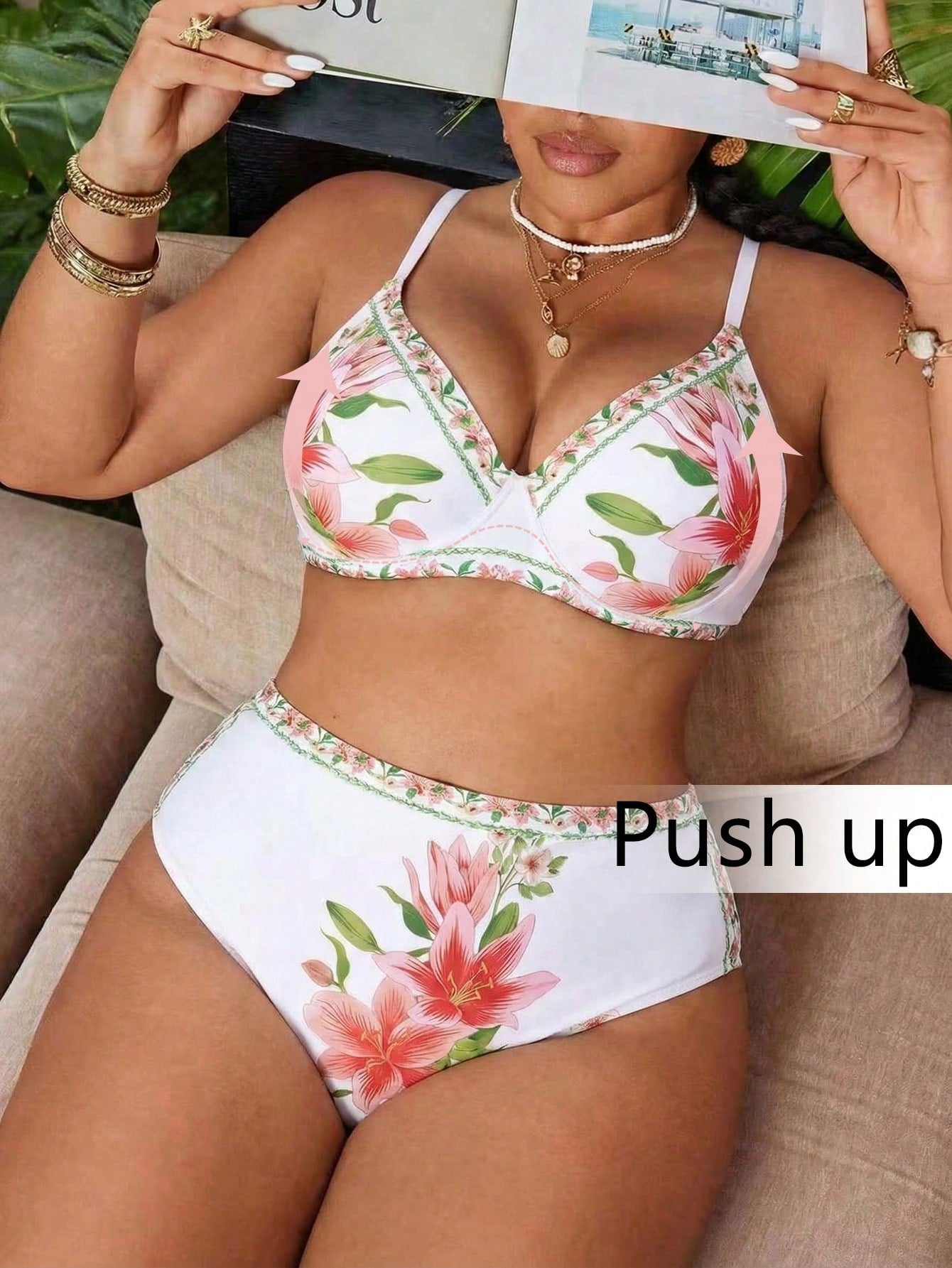 Swim Vcay 2026 New Plus Size Women 2pcs/Set Random Printed Padded Casual Swimwear Set, Summer