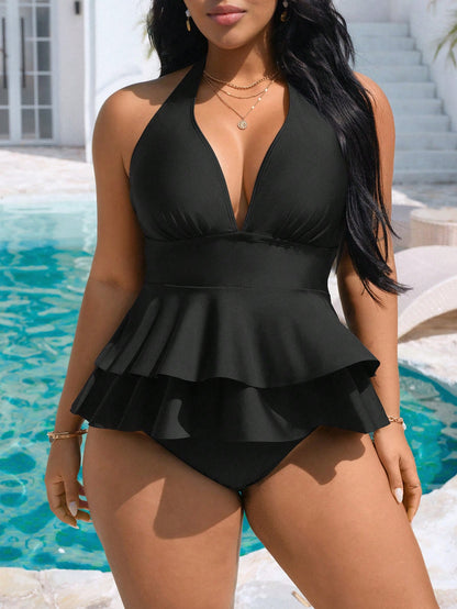 Swim Vcay 2026 New Spring/Summer Leopard Print Random Pattern V-Neck Halter Top With Flared Hem And High-Waist Triangle Bikini Bottoms, Plus Size Tank-Style Bikini Set Set For Women, Suitable For Summ