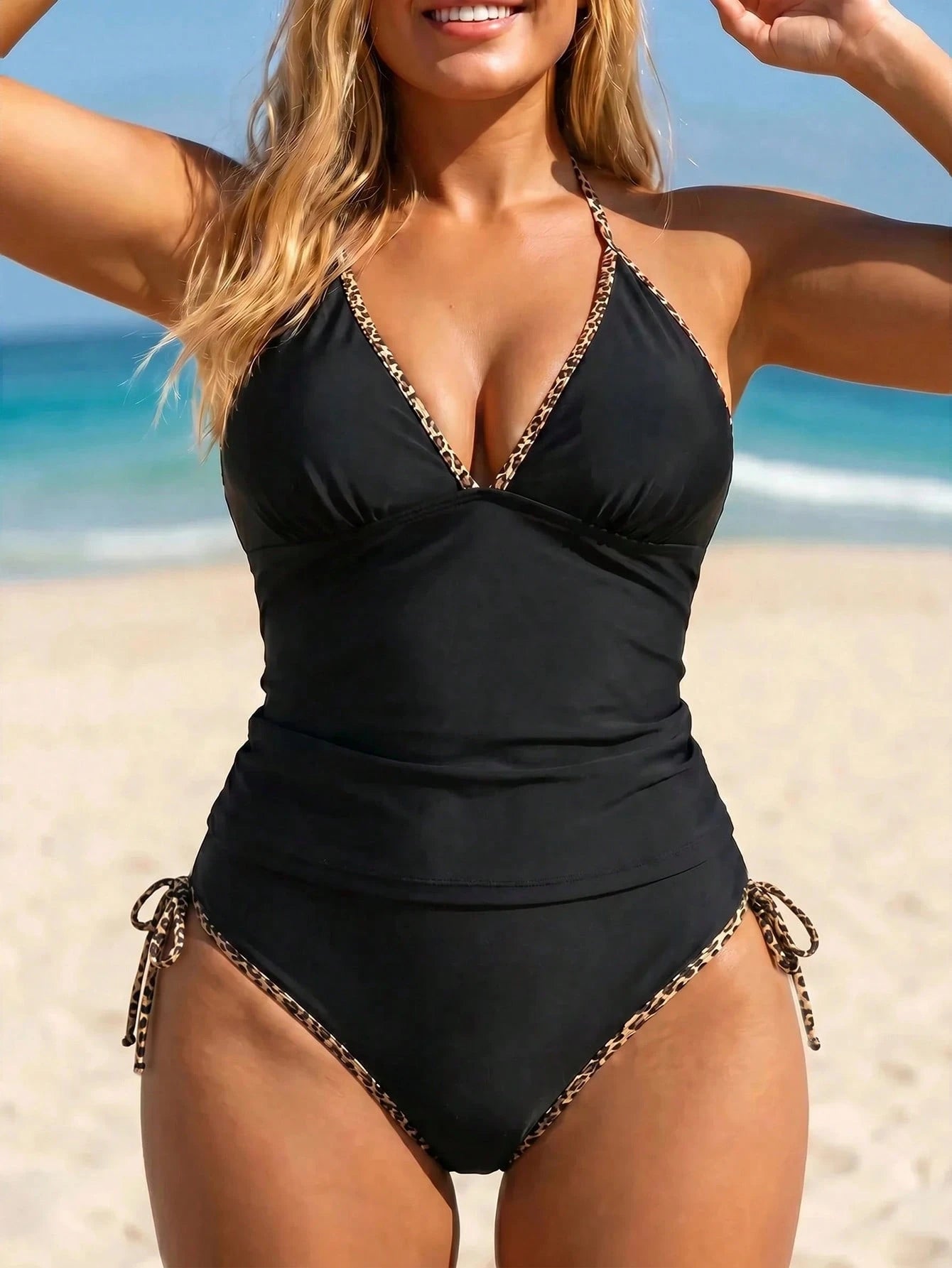 Swim Vcay 2026 New Spring/Summer Plus Size 2-Piece Black & Leopard Print Random Pattern Scalloped Halter Tie Top With Side Tie Triangle Bottom Bikini Set Set For Women, Beach Vacation Wear