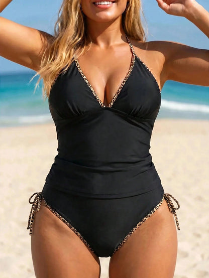 Swim Vcay 2026 New Spring/Summer Plus Size 2-Piece Black & Leopard Print Random Pattern Scalloped Halter Tie Top With Side Tie Triangle Bottom Bikini Set Set For Women, Beach Vacation Wear