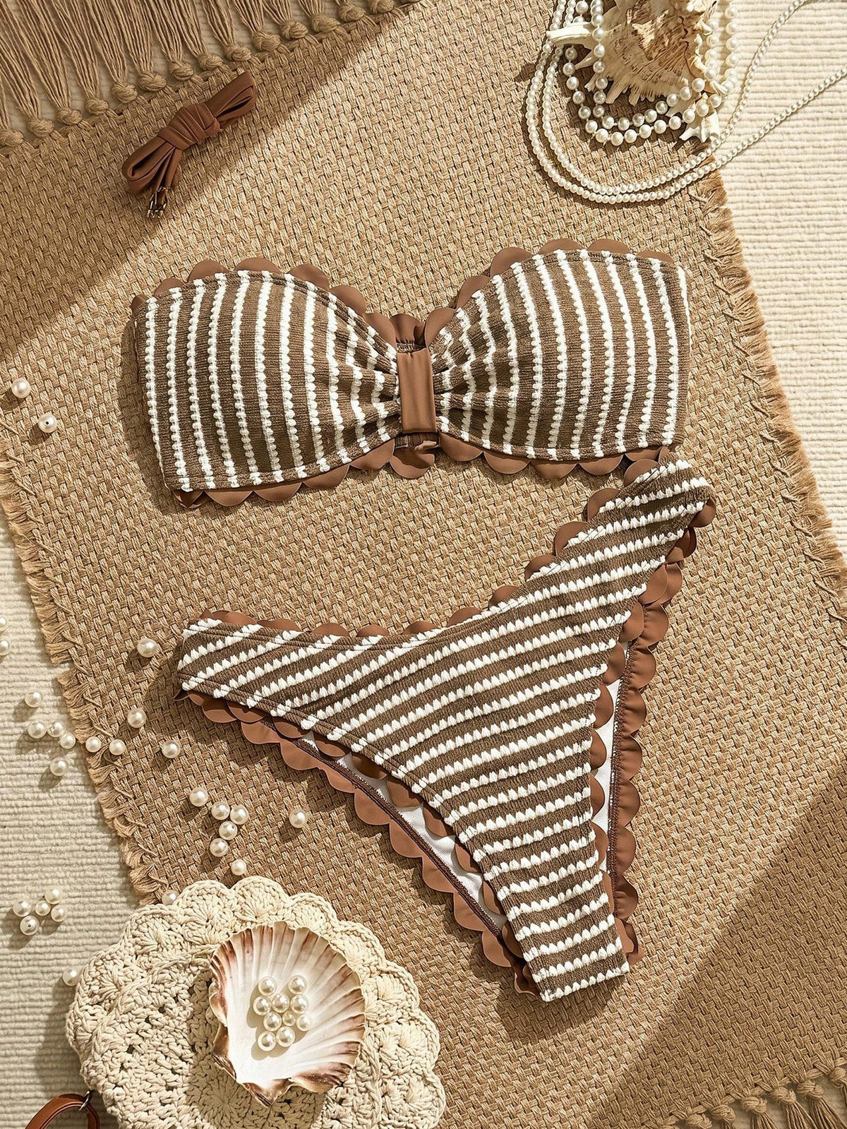 Swim Vcay 2026 Spring/Summer New Brown & White Textured Striped Bikini Set, Bow Bandeau Halter Top With Wavy Trim, High-Cut Triangle Bottoms, Elegant Casual Vacation Beach Swimwear Set