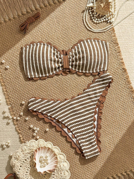Swim Vcay 2026 Spring/Summer New Brown & White Textured Striped Bikini Set, Bow Bandeau Halter Top With Wavy Trim, High-Cut Triangle Bottoms, Elegant Casual Vacation Beach Swimwear Set