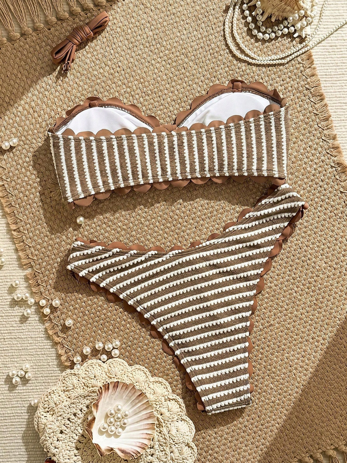 Swim Vcay 2026 Spring/Summer New Brown & White Textured Striped Bikini Set, Bow Bandeau Halter Top With Wavy Trim, High-Cut Triangle Bottoms, Elegant Casual Vacation Beach Swimwear Set