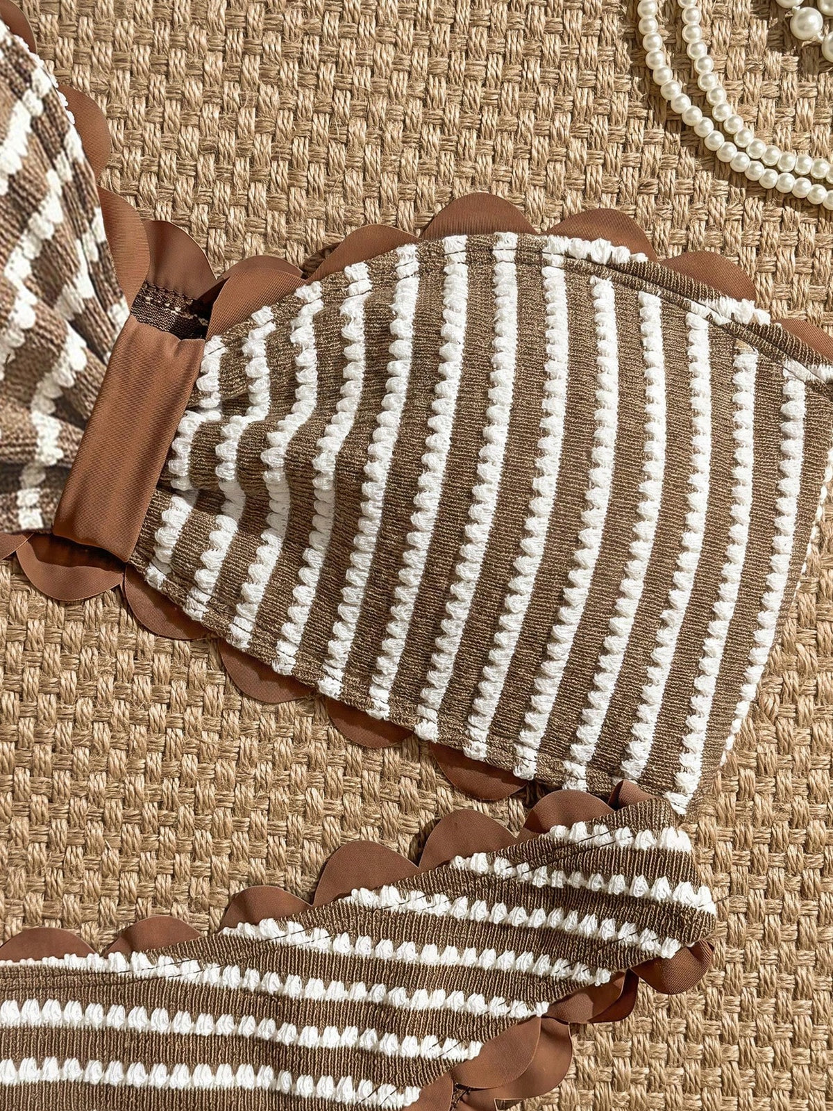 Swim Vcay 2026 Spring/Summer New Brown & White Textured Striped Bikini Set, Bow Bandeau Halter Top With Wavy Trim, High-Cut Triangle Bottoms, Elegant Casual Vacation Beach Swimwear Set