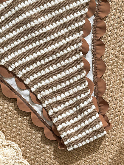 Swim Vcay 2026 Spring/Summer New Brown & White Textured Striped Bikini Set, Bow Bandeau Halter Top With Wavy Trim, High-Cut Triangle Bottoms, Elegant Casual Vacation Beach Swimwear Set