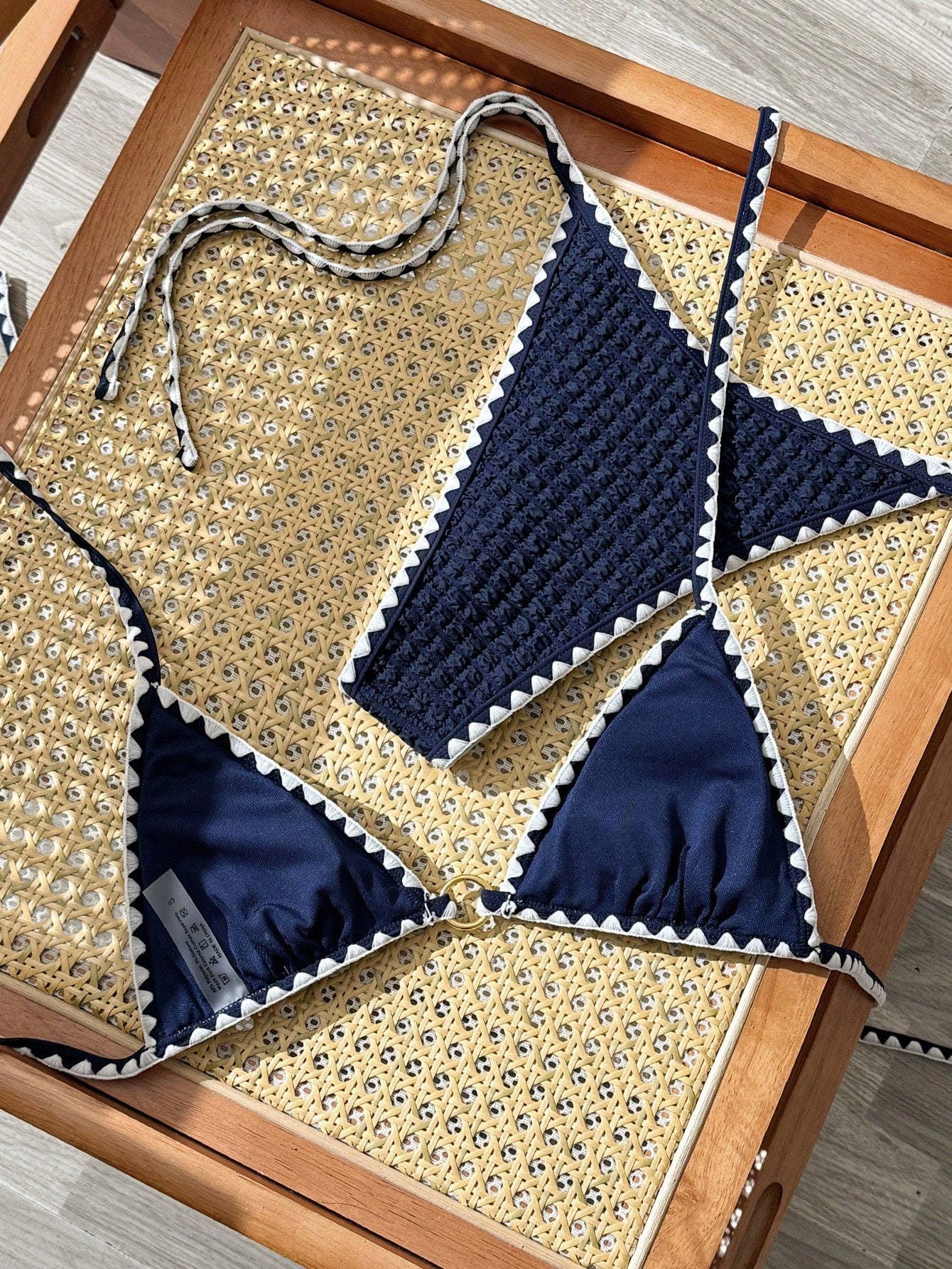 Swim Vcay 2026 Spring/Summer New Vintage Navy Blue Bubble Texture Bikini Set, White Zigzag Wave Trim, V-Neck Halter Top With Metal Ring Front Detail, Double Side Tie High Cut Bottoms, Beach Vacation T