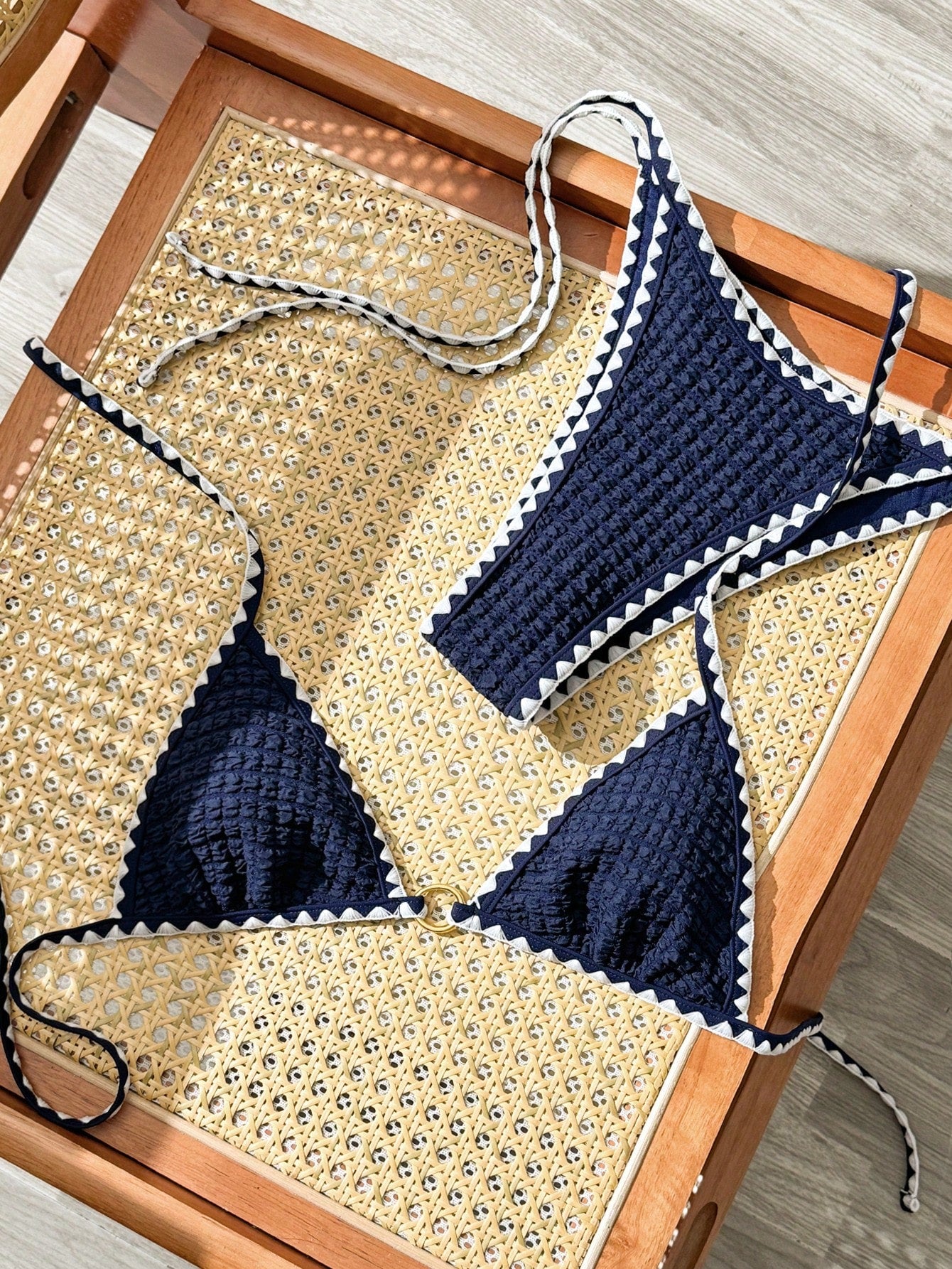 Swim Vcay 2026 Spring/Summer New Vintage Navy Blue Bubble Texture Bikini Set, White Zigzag Wave Trim, V-Neck Halter Top With Metal Ring Front Detail, Double Side Tie High Cut Bottoms, Beach Vacation T