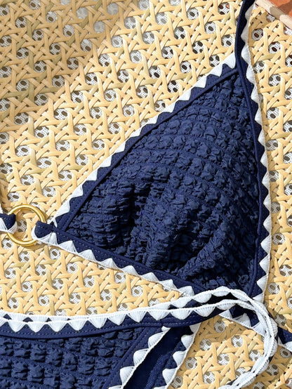 Swim Vcay 2026 Spring/Summer New Vintage Navy Blue Bubble Texture Bikini Set, White Zigzag Wave Trim, V-Neck Halter Top With Metal Ring Front Detail, Double Side Tie High Cut Bottoms, Beach Vacation T