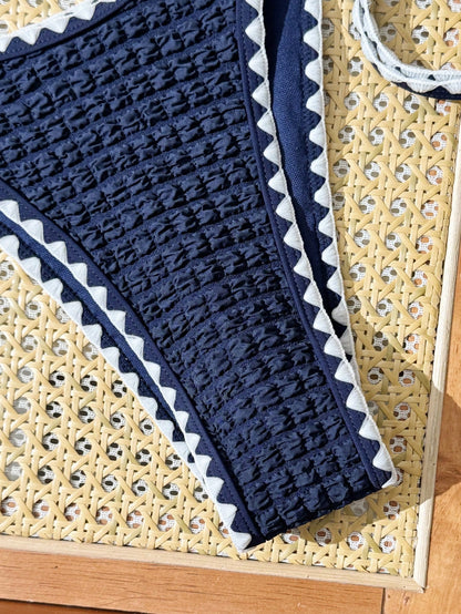 Swim Vcay 2026 Spring/Summer New Vintage Navy Blue Bubble Texture Bikini Set, White Zigzag Wave Trim, V-Neck Halter Top With Metal Ring Front Detail, Double Side Tie High Cut Bottoms, Beach Vacation T