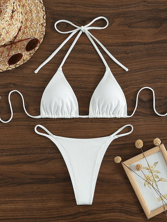 Swim Vcay 2026 Spring/Summer Women's Vacation Special Fabric Spaghetti Strap Halter White Sexy Thong Bikini 2 Pieces Swimsuit