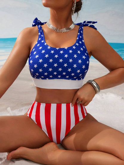 Swim Vcay 2pcs Women Hollow Out High Waisted USA Flag Print Bikini Set,Independence Day Blue And White Stripe,Summer,Casual,Holiday,Pool Party,Vacation,Beach