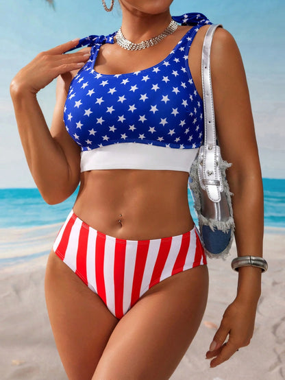 Swim Vcay 2pcs Women Hollow Out High Waisted USA Flag Print Bikini Set,Independence Day Blue And White Stripe,Summer,Casual,Holiday,Pool Party,Vacation,Beach