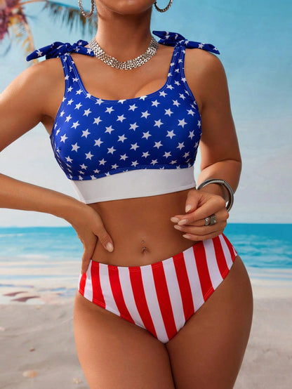 Swim Vcay 2pcs Women Hollow Out High Waisted USA Flag Print Bikini Set,Independence Day Blue And White Stripe,Summer,Casual,Holiday,Pool Party,Vacation,Beach