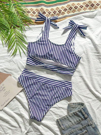 Swim Vcay 2pcs Women Hollow Out High Waisted USA Flag Print Bikini Set,Independence Day Blue And White Stripe,Summer,Casual,Holiday,Pool Party,Vacation,Beach