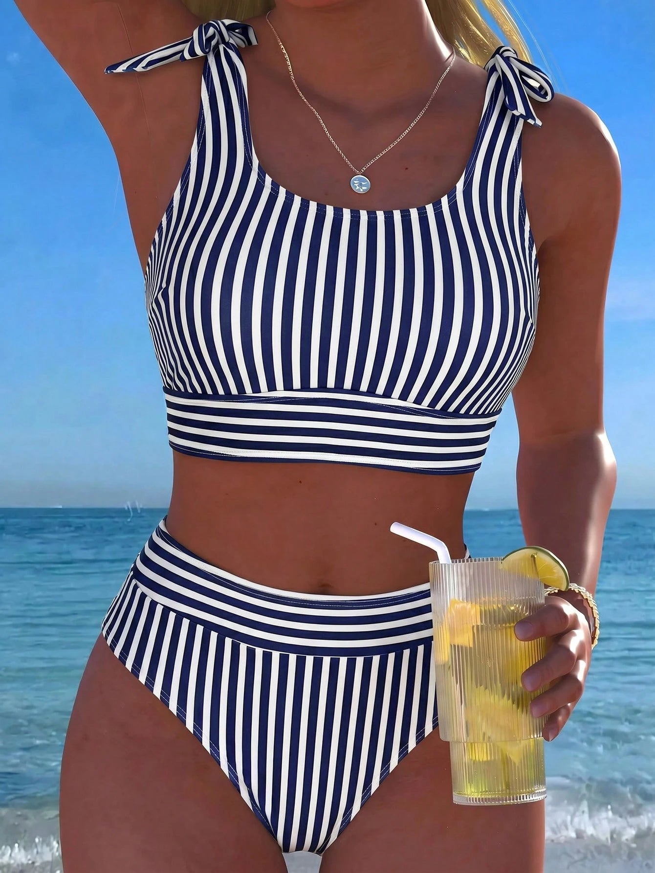 Swim Vcay 2pcs Women Hollow Out High Waisted USA Flag Print Bikini Set,Independence Day Blue And White Stripe,Summer,Casual,Holiday,Pool Party,Vacation,Beach
