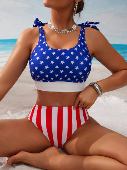 Swim Vcay 2pcs Women Hollow Out High Waisted USA Flag Print Bikini Set,Independence Day Blue And White Stripe,Summer,Casual,Holiday,Pool Party,Vacation,Beach