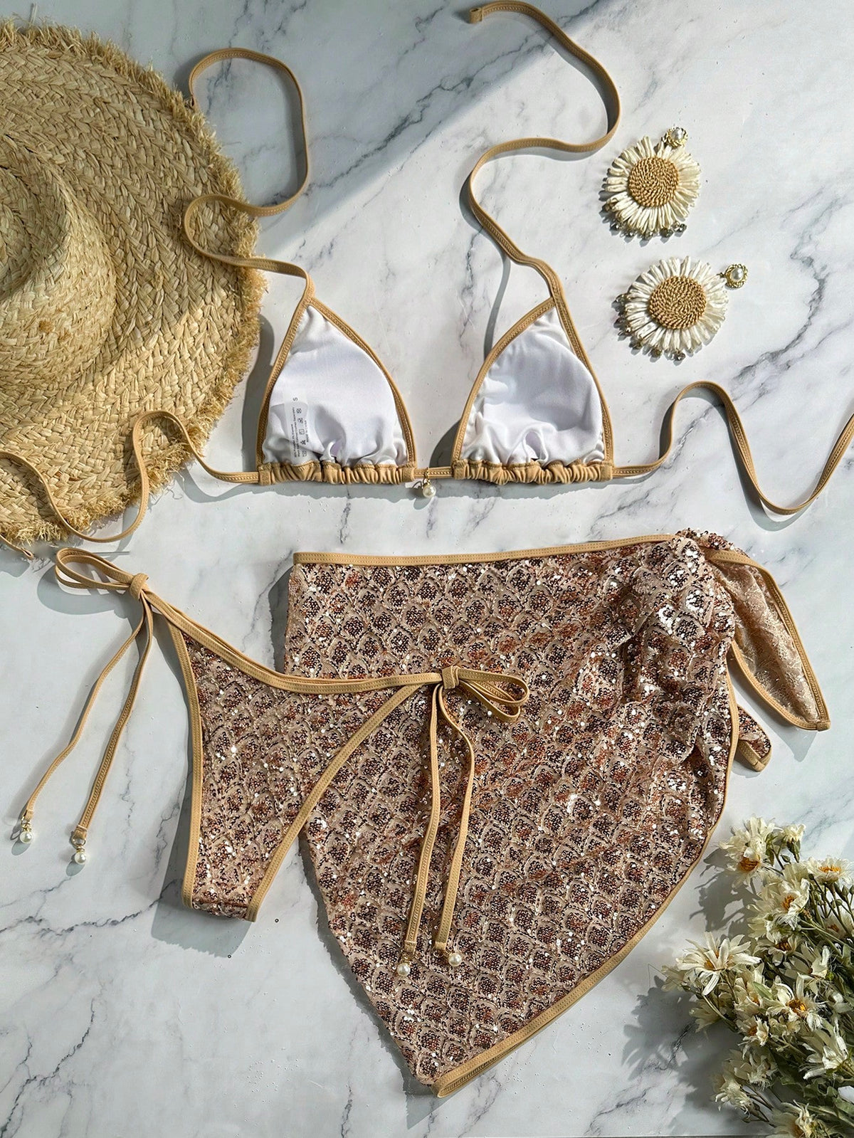Swim Vcay 3-Piece Set Spring/Summer Beach Vacation Sequin Textured Fabric Pearl Decor Halter Triangle Bikini Top Side Tie Bikini Bottoms And Sequin Skirt Sexy Women's Swimwear