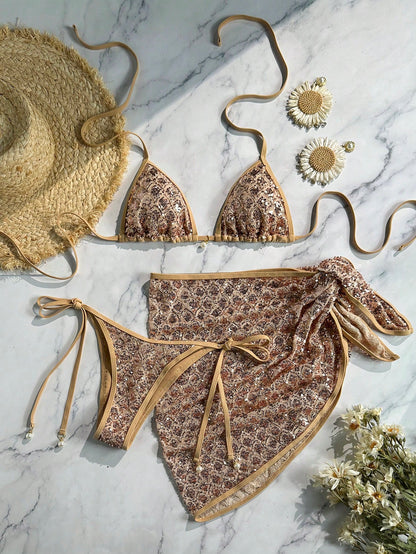 Swim Vcay 3-Piece Set Spring/Summer Beach Vacation Sequin Textured Fabric Pearl Decor Halter Triangle Bikini Top Side Tie Bikini Bottoms And Sequin Skirt Sexy Women's Swimwear