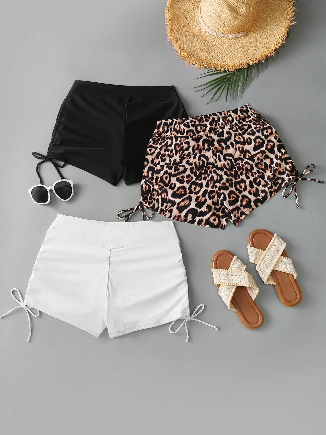 Swim Vcay 3pcs Plus Size Women Black & White Leopard Print High Waist Bottoms, Simple Vacation Swimwear For Summer