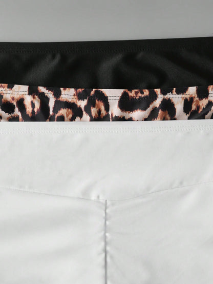 Swim Vcay 3pcs Plus Size Women Black & White Leopard Print High Waist Bottoms, Simple Vacation Swimwear For Summer