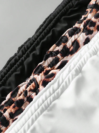 Swim Vcay 3pcs Plus Size Women Black & White Leopard Print High Waist Bottoms, Simple Vacation Swimwear For Summer