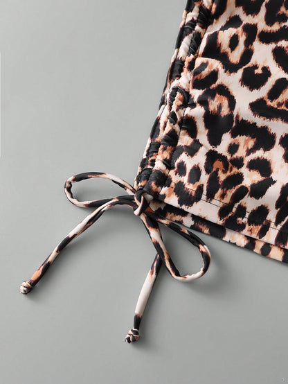 Swim Vcay 3pcs Plus Size Women Black & White Leopard Print High Waist Bottoms, Simple Vacation Swimwear For Summer