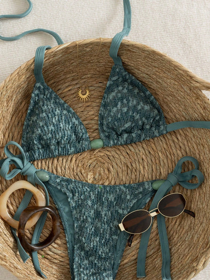 Swim Vcay Plus Size 2026 New Spring/Summer Green Special Fabric Spaghetti Strap Sexy Women Bikini Set, Suitable For Summer Beach And Vacation