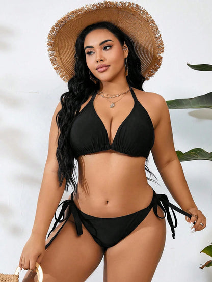 Swim Vcay Plus Size 2pcs/Set Solid Color Simple Daily Bikini Set,Summer Beach