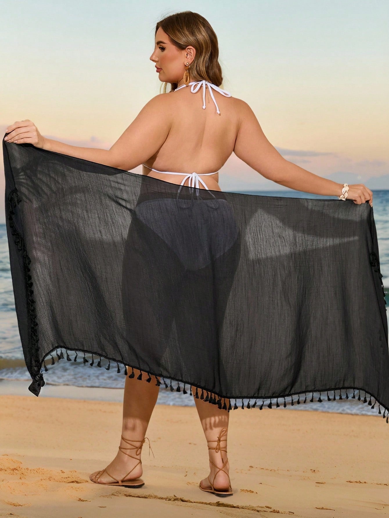 Swim Vcay Plus Size Cover Up Shawl Beachwear With Fringed Edges, Vacation Style For Summer
