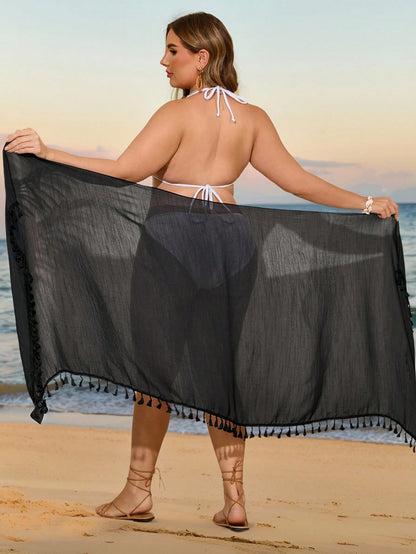 Swim Vcay Plus Size Cover Up Shawl Beachwear With Fringed Edges, Vacation Style For Summer