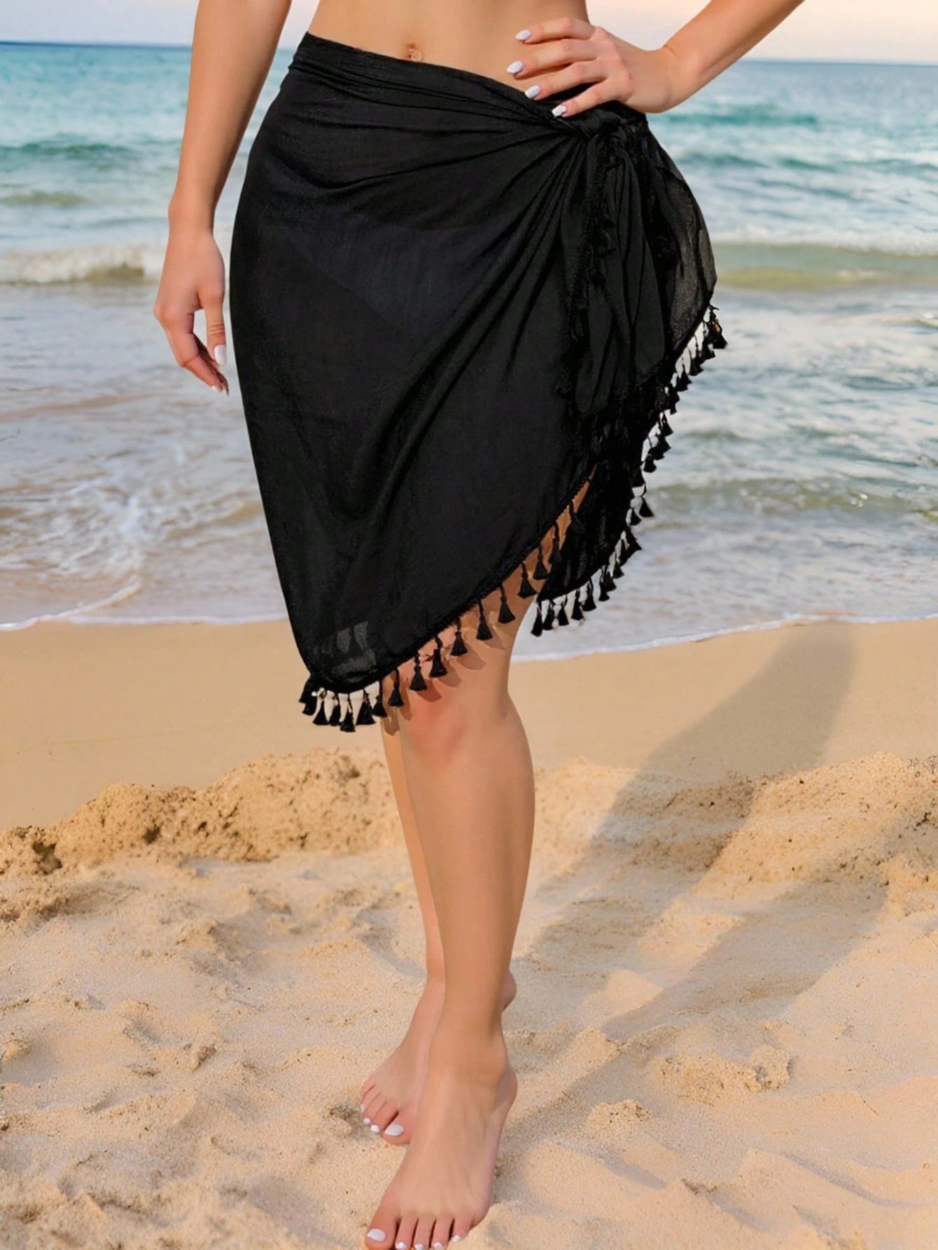 Swim Vcay Plus Size Cover Up Shawl Beachwear With Fringed Edges, Vacation Style For Summer