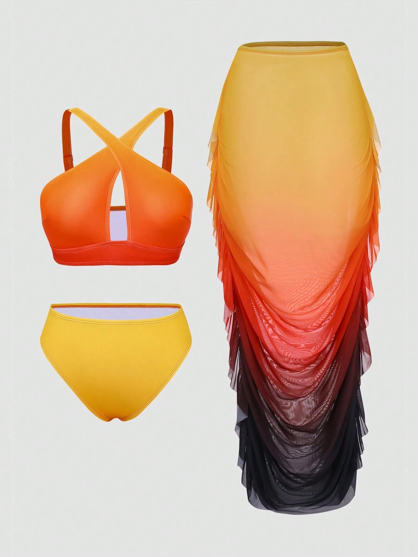 Swim Vcay Plus Size Ombre Hollow Neck Two Pieces Bikini And High Waist Skirt Set For Summer Beach Vacation