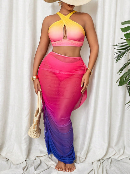 Swim Vcay Plus Size Ombre Hollow Neck Two Pieces Bikini And High Waist Skirt Set For Summer Beach Vacation