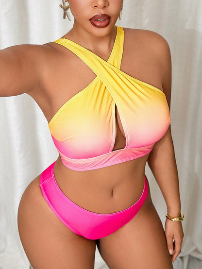 Swim Vcay Plus Size Ombre Hollow Neck Two Pieces Bikini And High Waist Skirt Set For Summer Beach Vacation