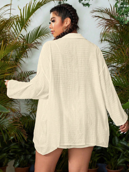 Swim Vcay Plus Size Solid Color Long Sleeve Overshirt, Minimalist Fashion Suitable For Summer
