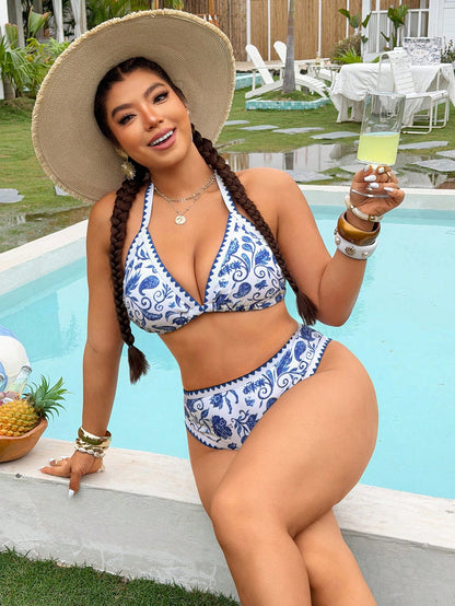 Swim Vcay Plus Size Vacation Beach Plant Print Swimwear Set