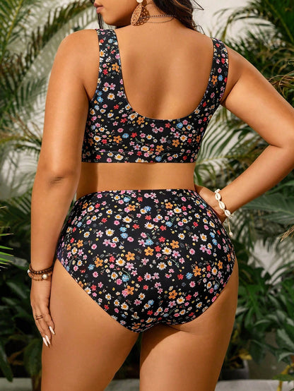 Swim Vcay Plus Size Women 2pcs Random Print Separated Fashion Casual Vacation Swimsuit Set Vacation White Summer