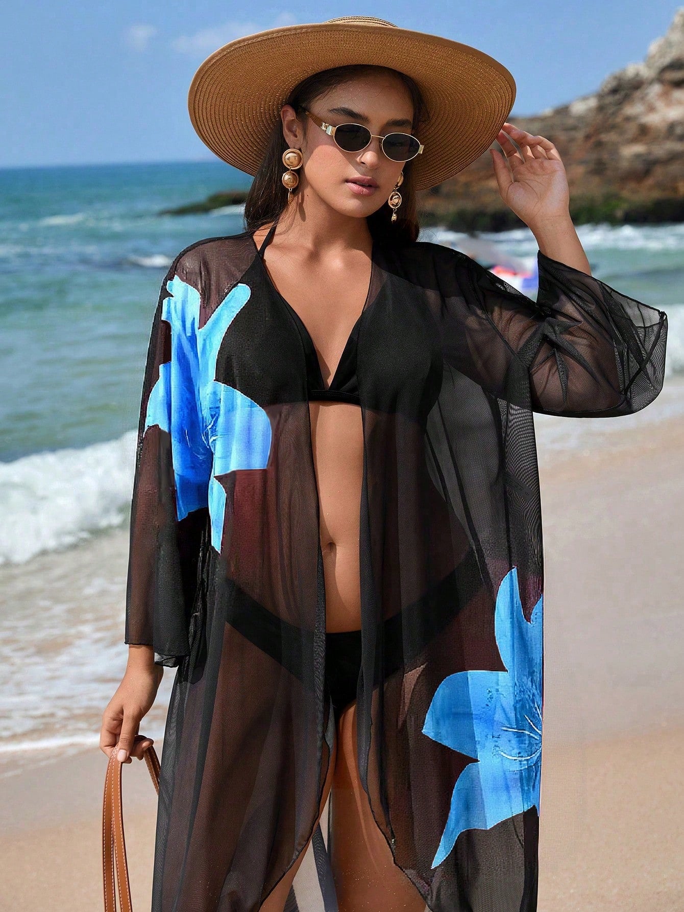 Swim Vcay Plus Size Women Floral Loose Kimono Cardigan, Suitable For Beach Vacation And Vacation Light Blue Summer