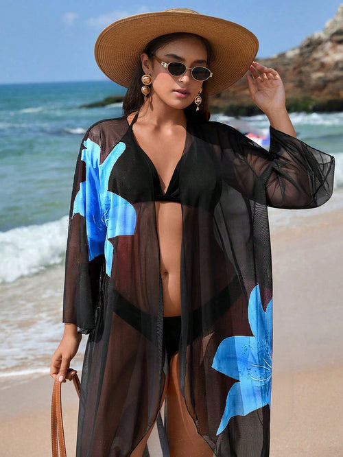 Swim Vcay Plus Size Women Floral Loose Kimono Cardigan, Suitable For Beach Vacation And Vacation Light Blue Summer